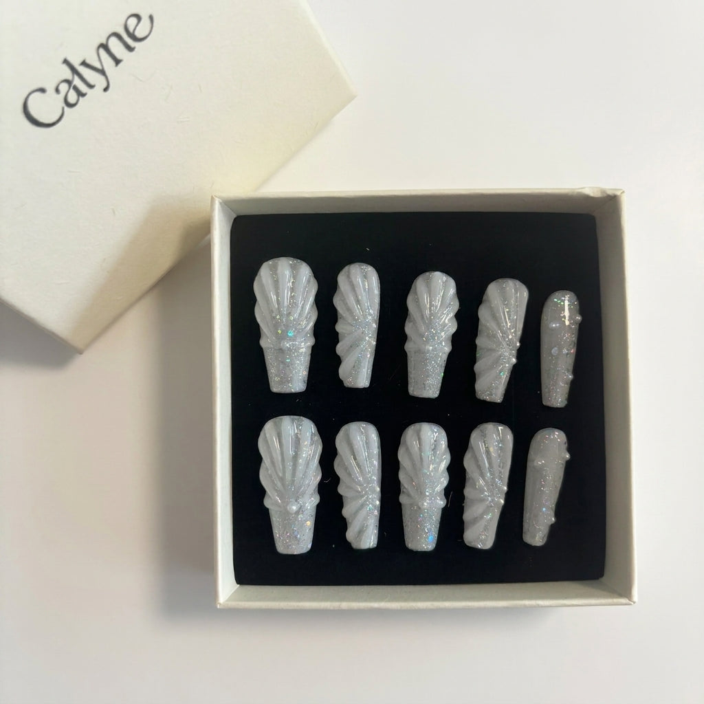 Handmade 3D Textured Press-On Nails | Misty Gray & Silver Crystal Coffin