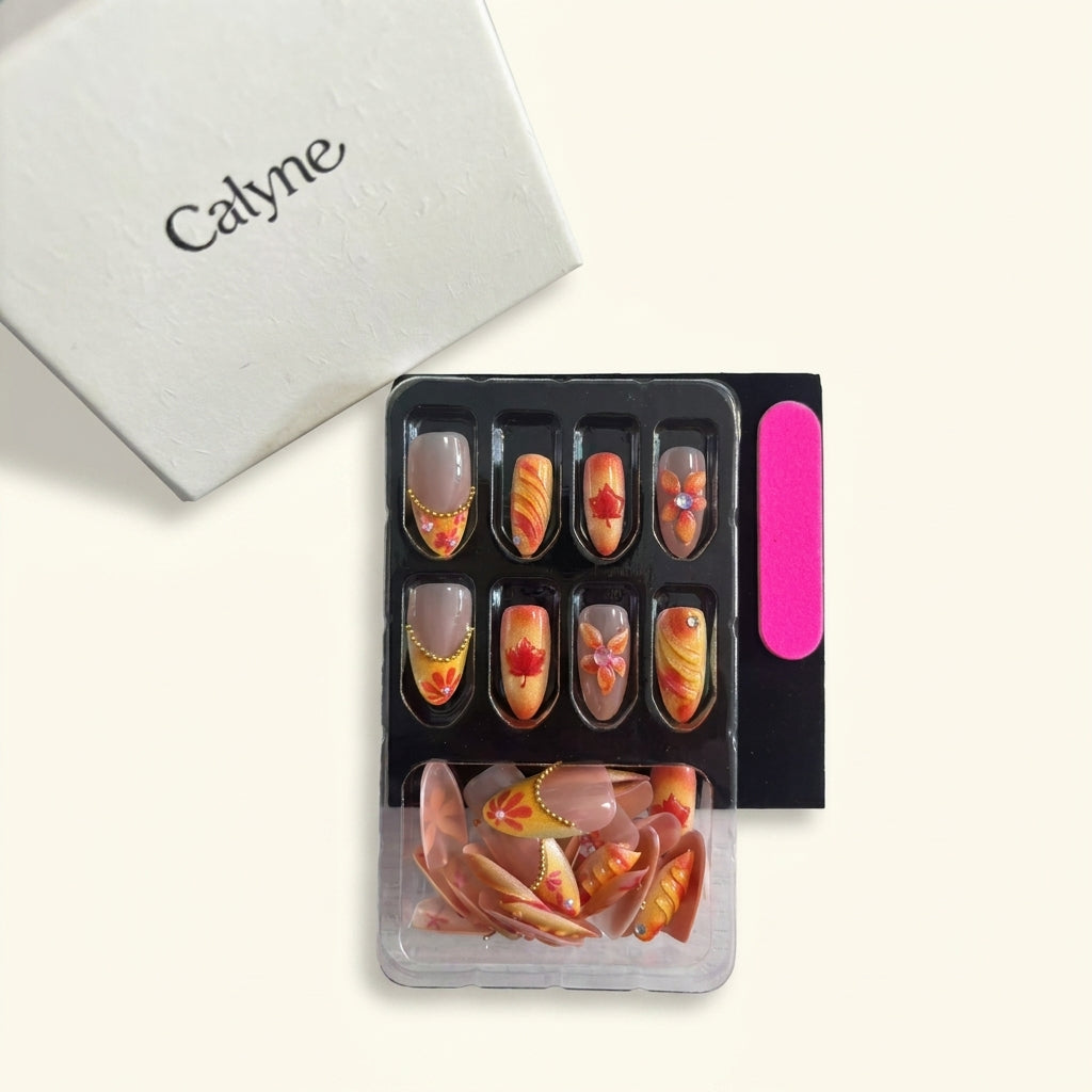 Warm Orange Fall Maple Leaf Press-On Nails | Gold Chain
