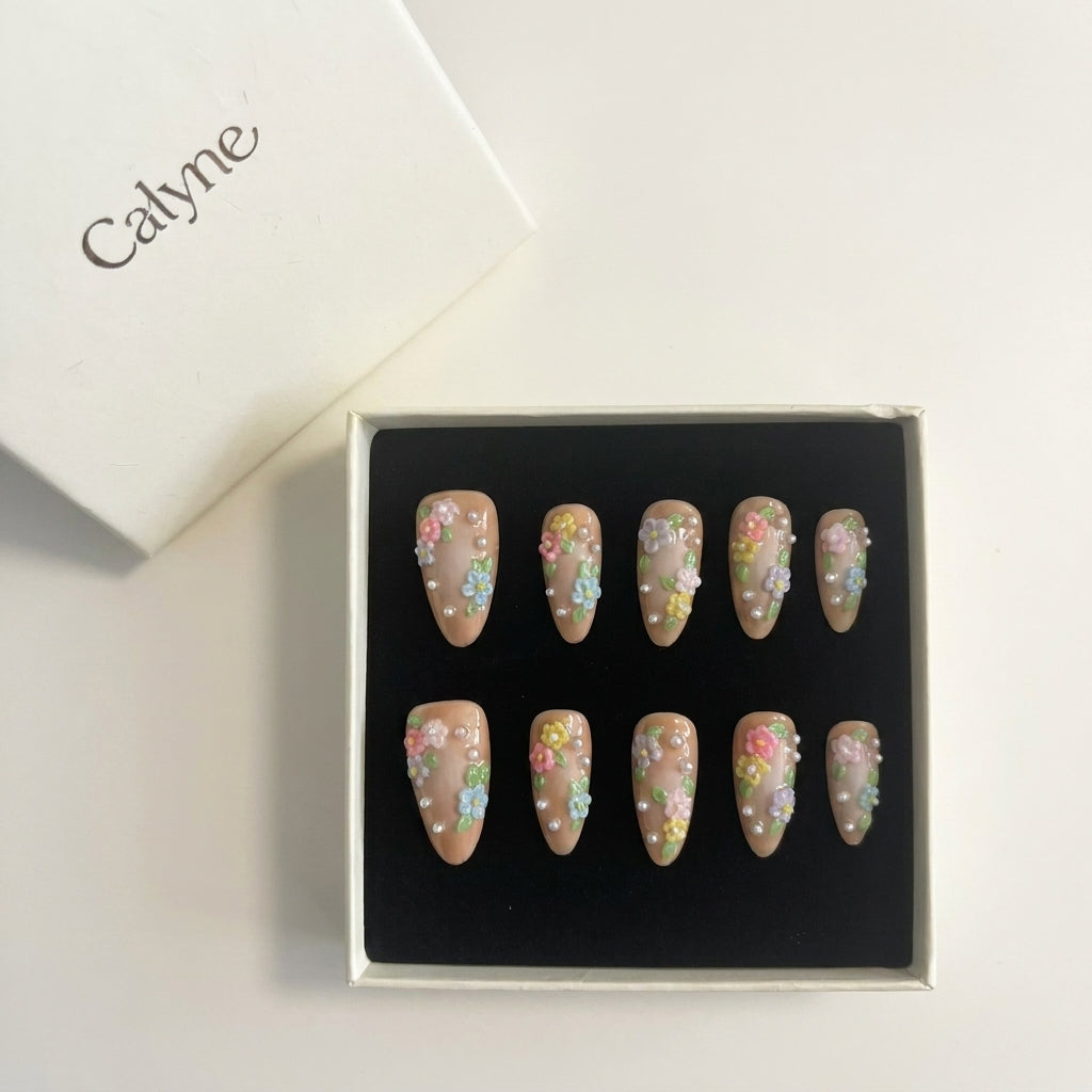 Handmade 3D Floral Press-On Nails | Warm Terracotta & Pastel Bloom