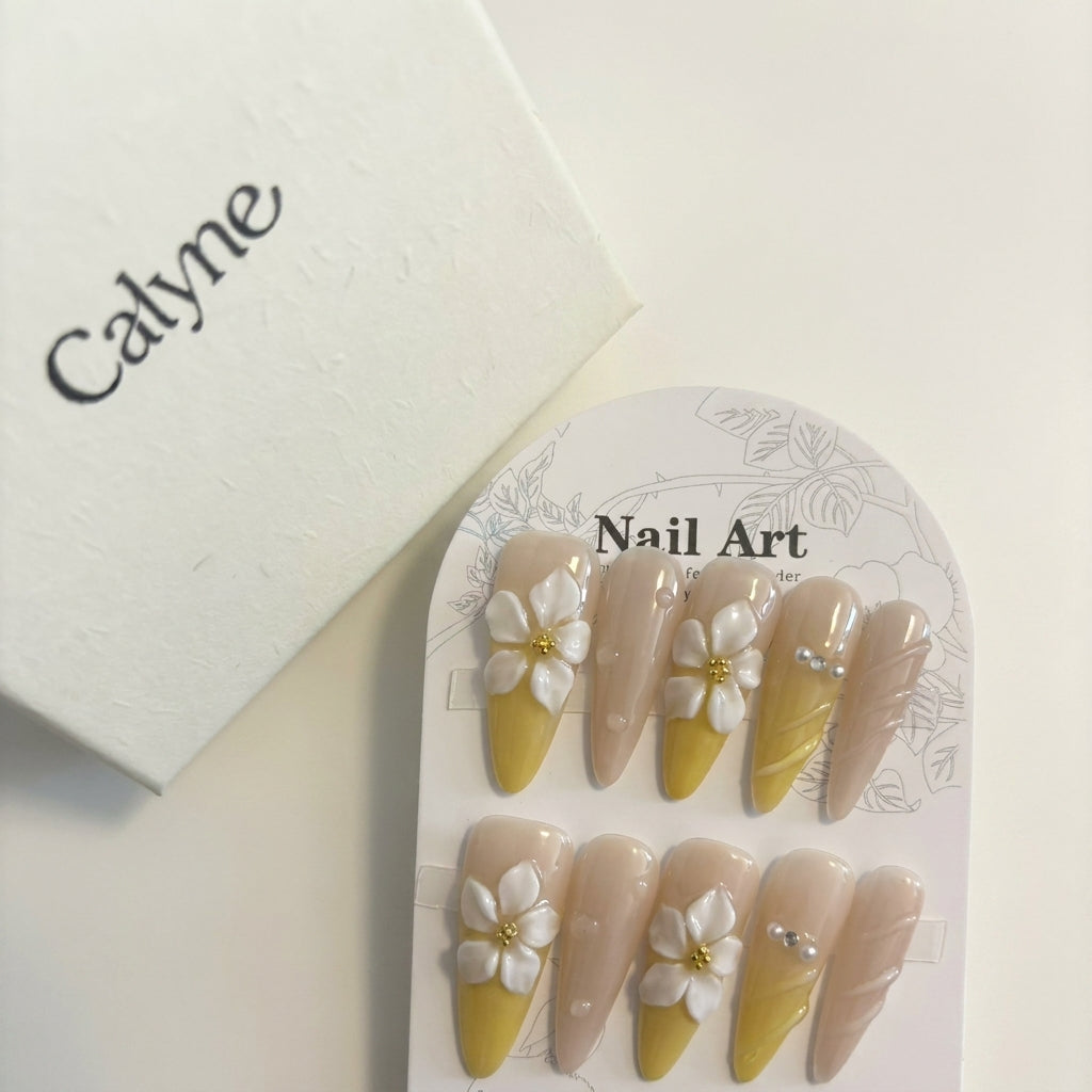 3D Plumeria Flower Press-On Nails | Yellow Gradient & Pearl