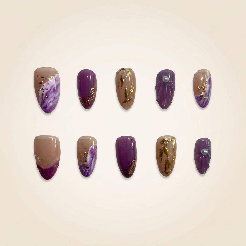 Purple Marble & Gold Foil Press-On Nails | Shell Pearl Detail