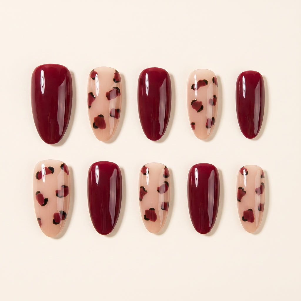Y2K Wine Red Heart & Leopard Press-On Nails | Sheer Nude