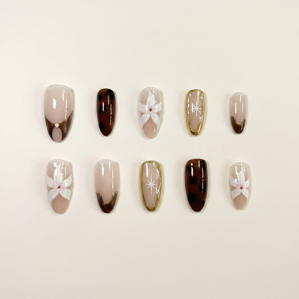 Brown Tortoiseshell French Tip — Glossy Tortoiseshell, Handmade Press-On Nails