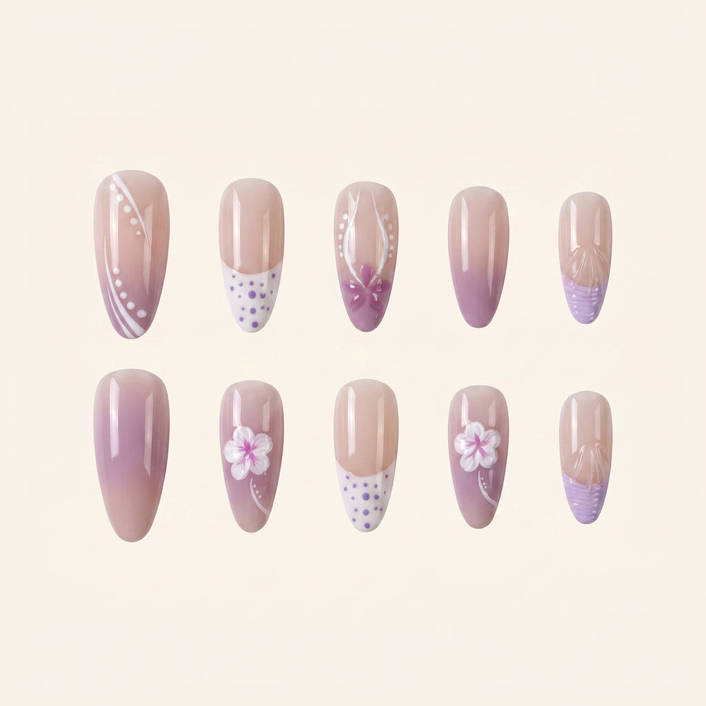 Soft Lavender Floral Press-On Nails | Nude French Gradient