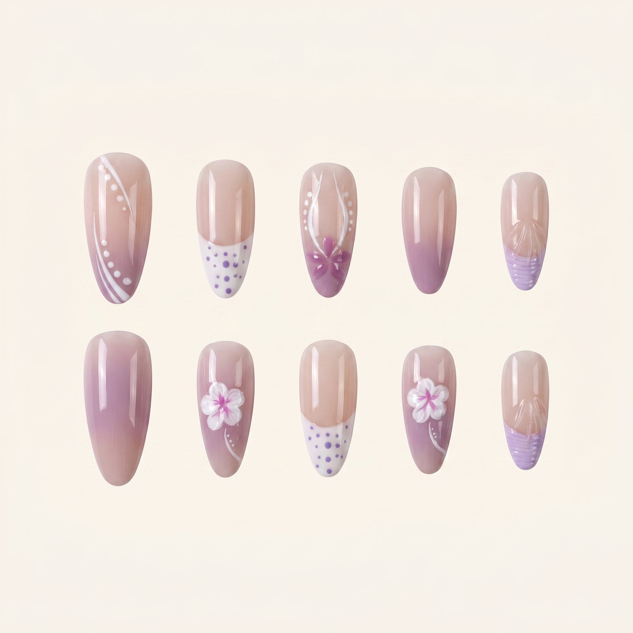 Soft Lavender Floral Press-On Nails | Nude French Gradient