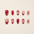 Handmade 3D Red Floral Press-On Nails | Romantic Gold Art