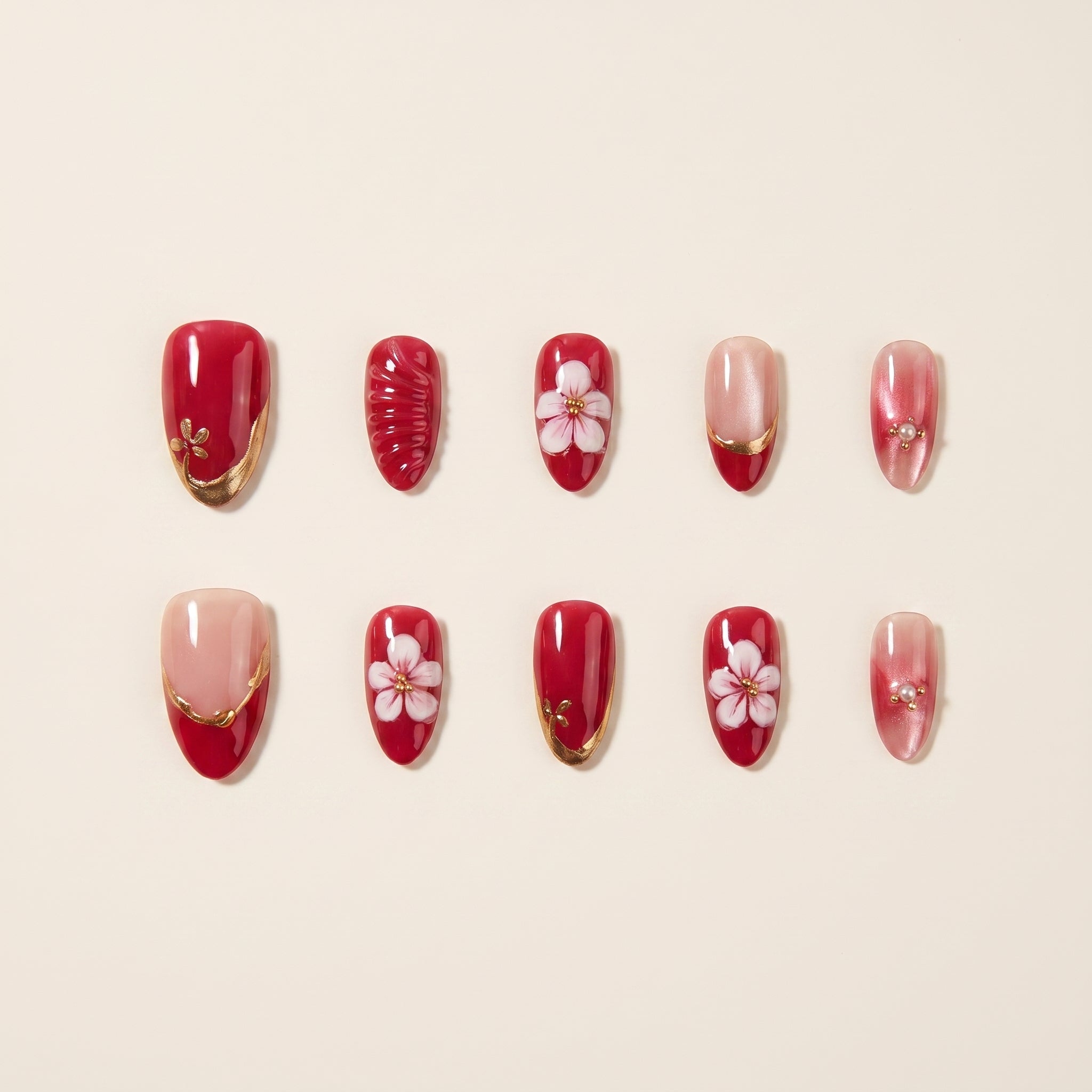 Handmade 3D Red Floral Press-On Nails | Romantic Gold Art
