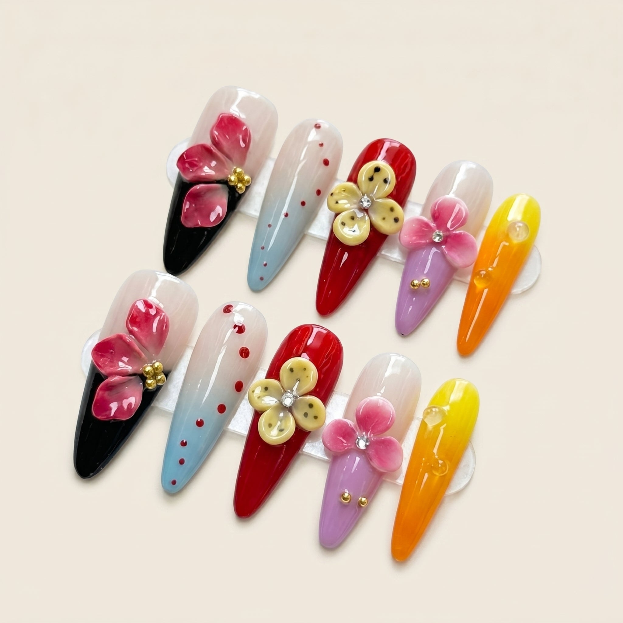 Y2K 3D Flower Stiletto Press-On Nails | Polka Dot Art