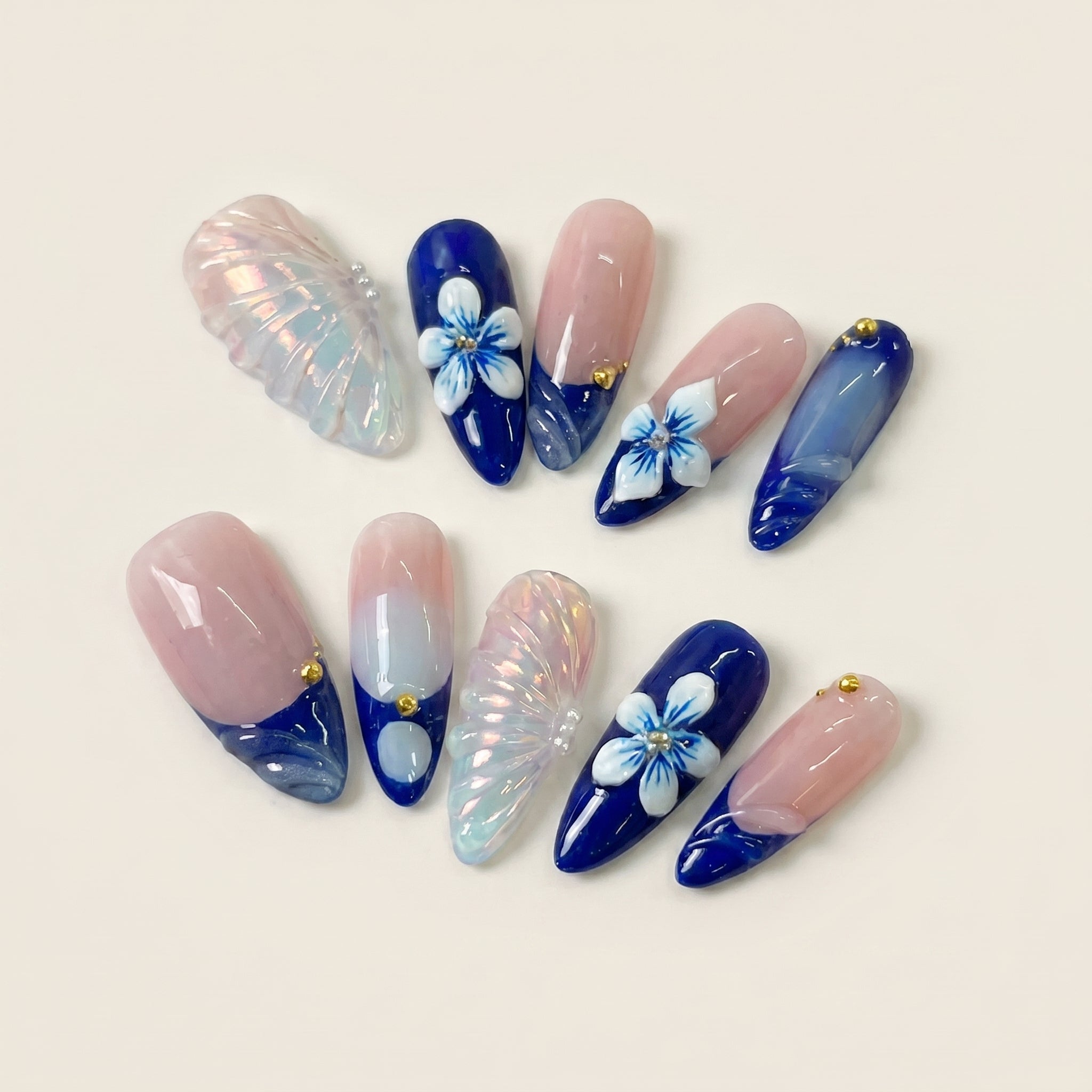 3D Iridescent Butterfly Press-On Nails | Blue Floral Art