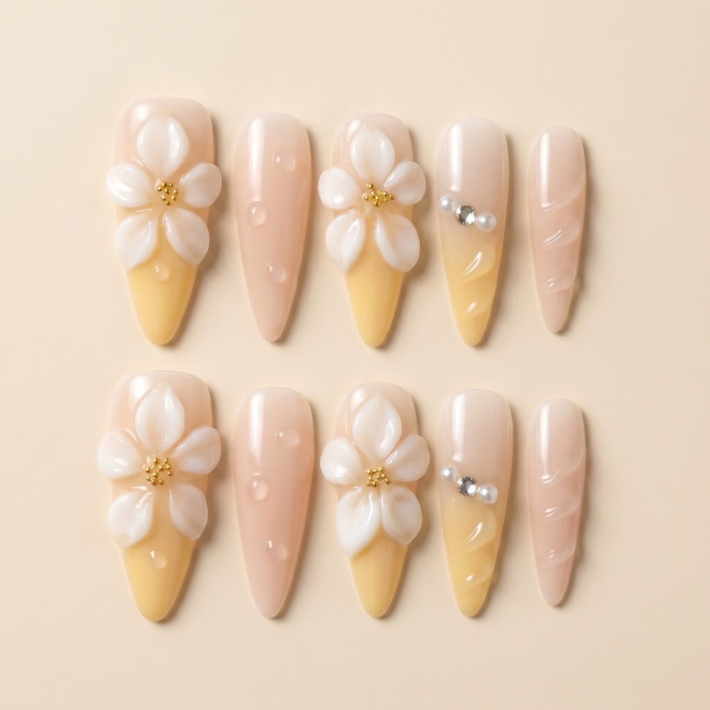 3D Plumeria Flower Press-On Nails | Yellow Gradient & Pearl