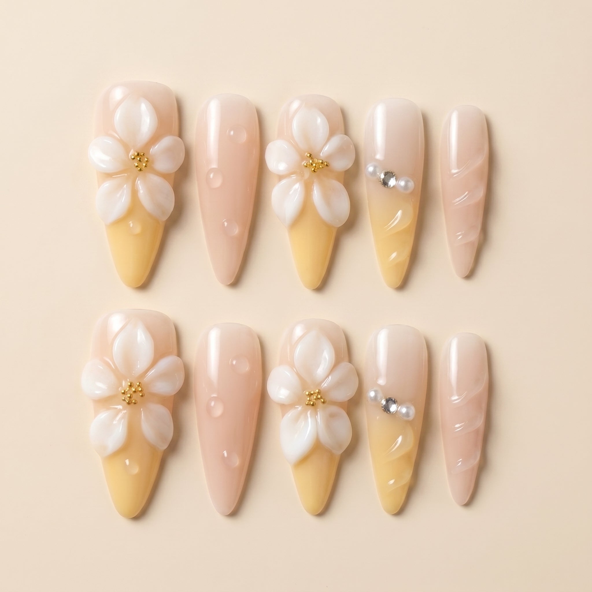 3D Plumeria Flower Press-On Nails | Yellow Gradient & Pearl