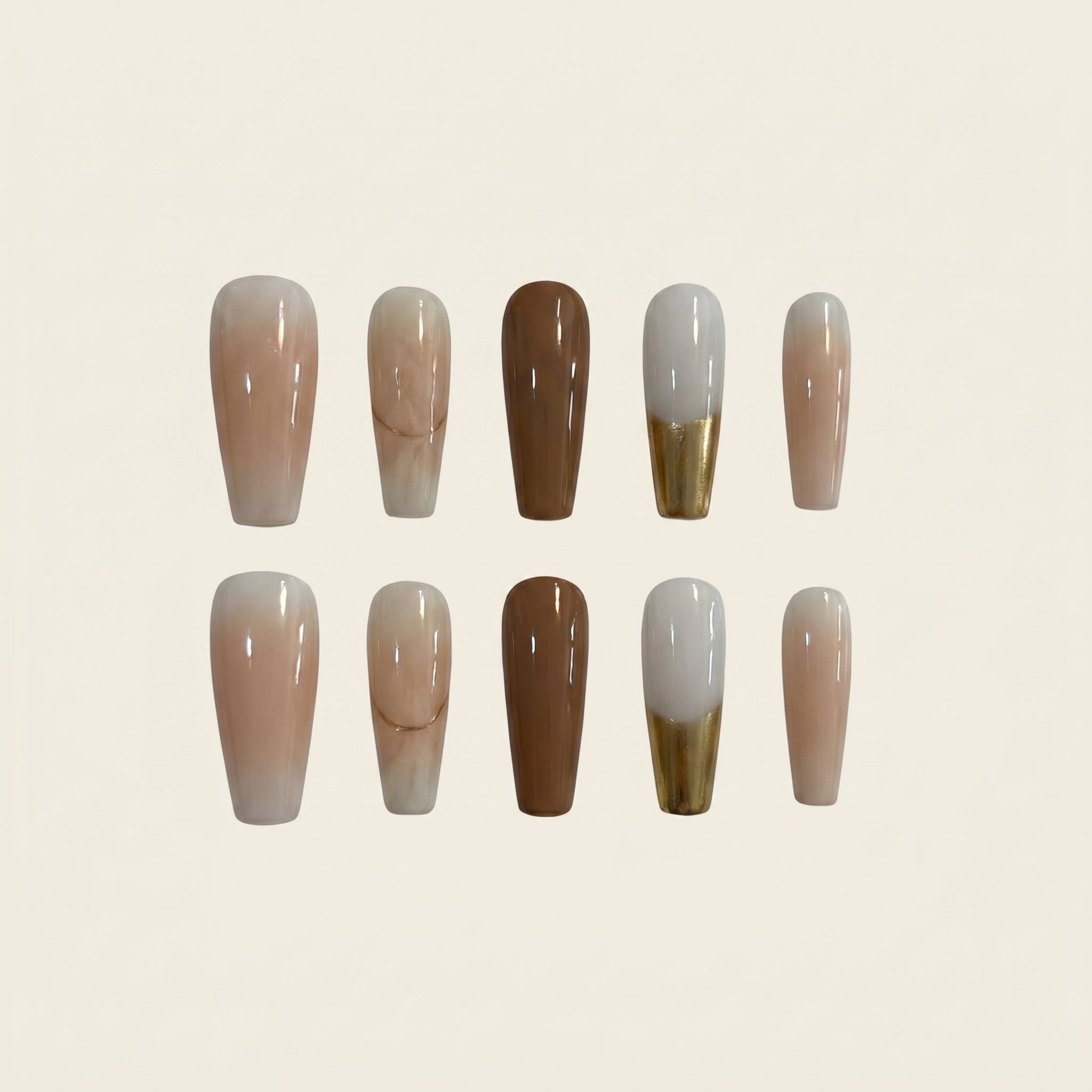 Handmade Nude French Press-On Nails | Latte Brown & Gold Tip Coffin