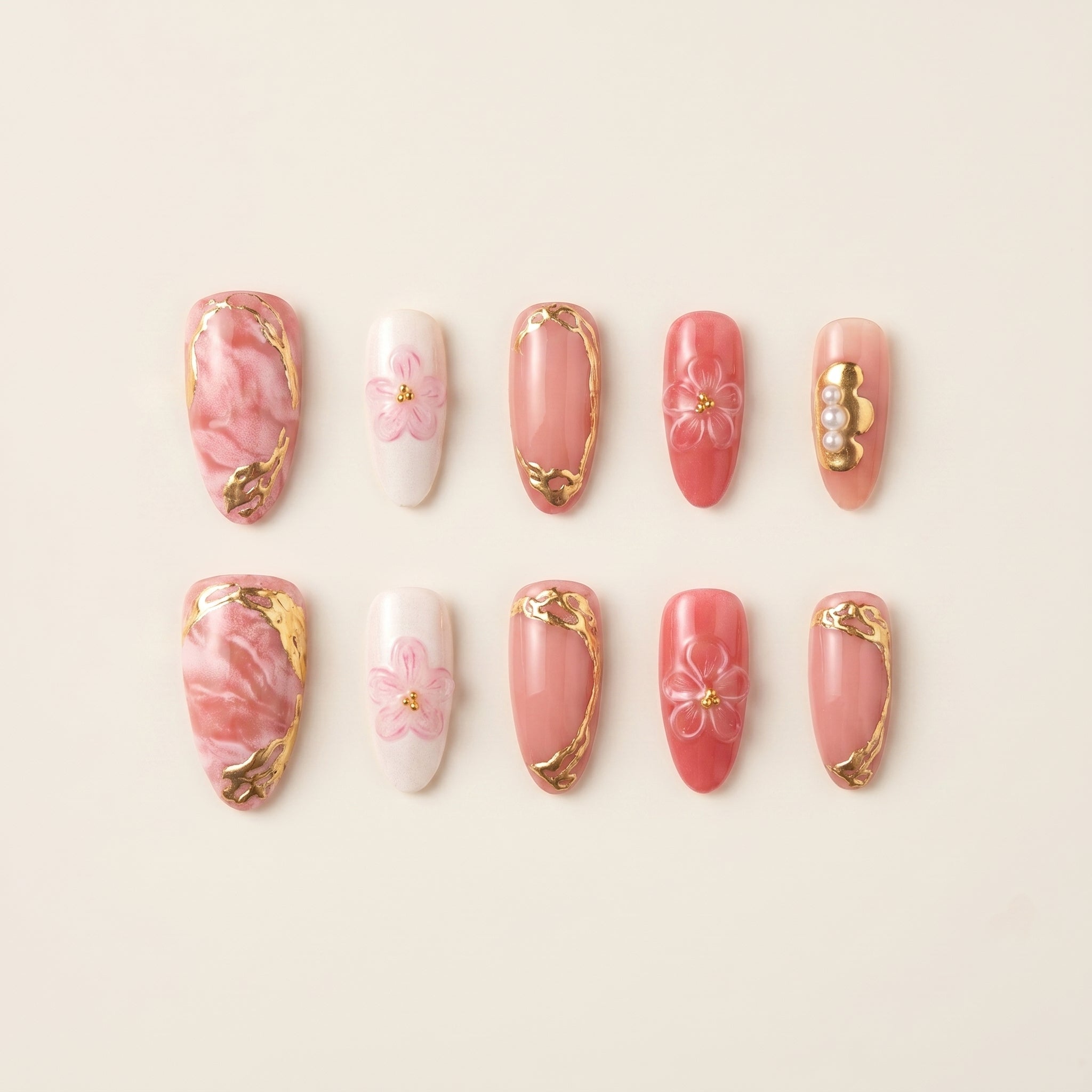 Luxury Pink Sakura Press-On Nails | Gold Edge & Marble