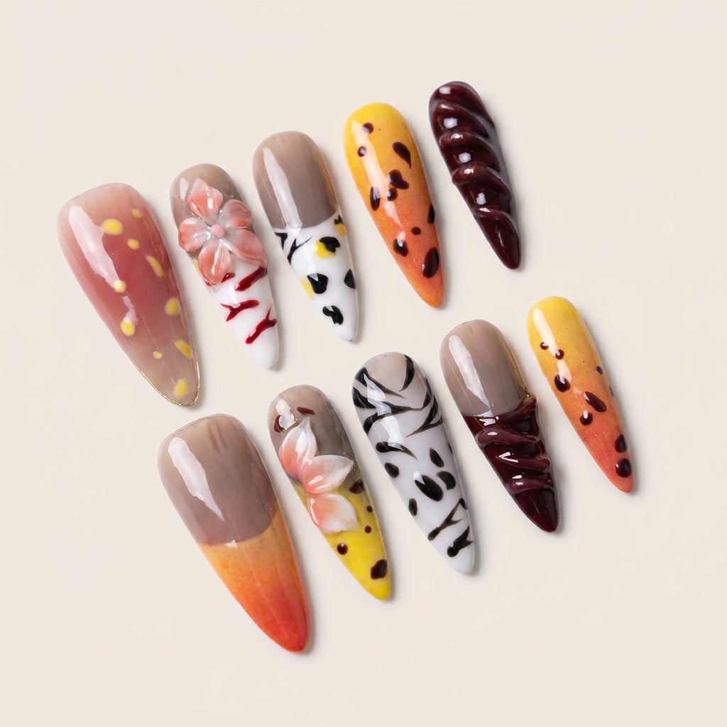 Y2K 3D Flower & Animal Print Press-Ons | Retro Leopard