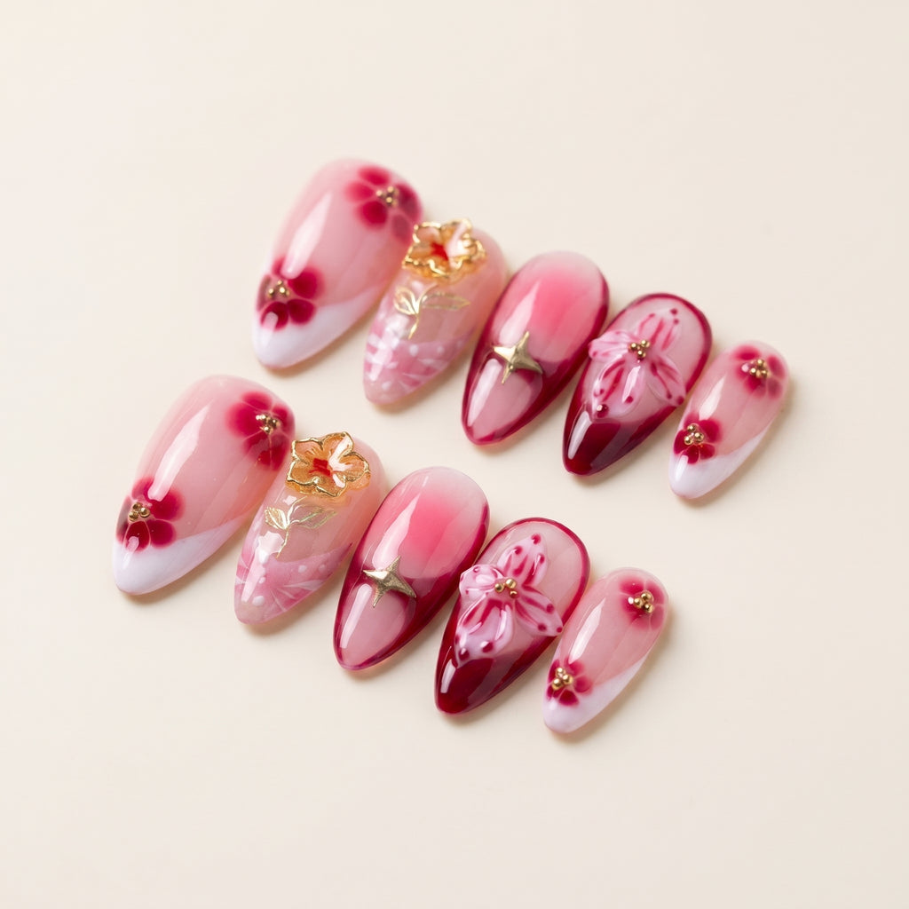 Vintage Red Sakura Press-On Nails | Nude Pink & Gold Star
