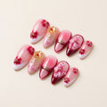Vintage Red Sakura Press-On Nails | Nude Pink & Gold Star