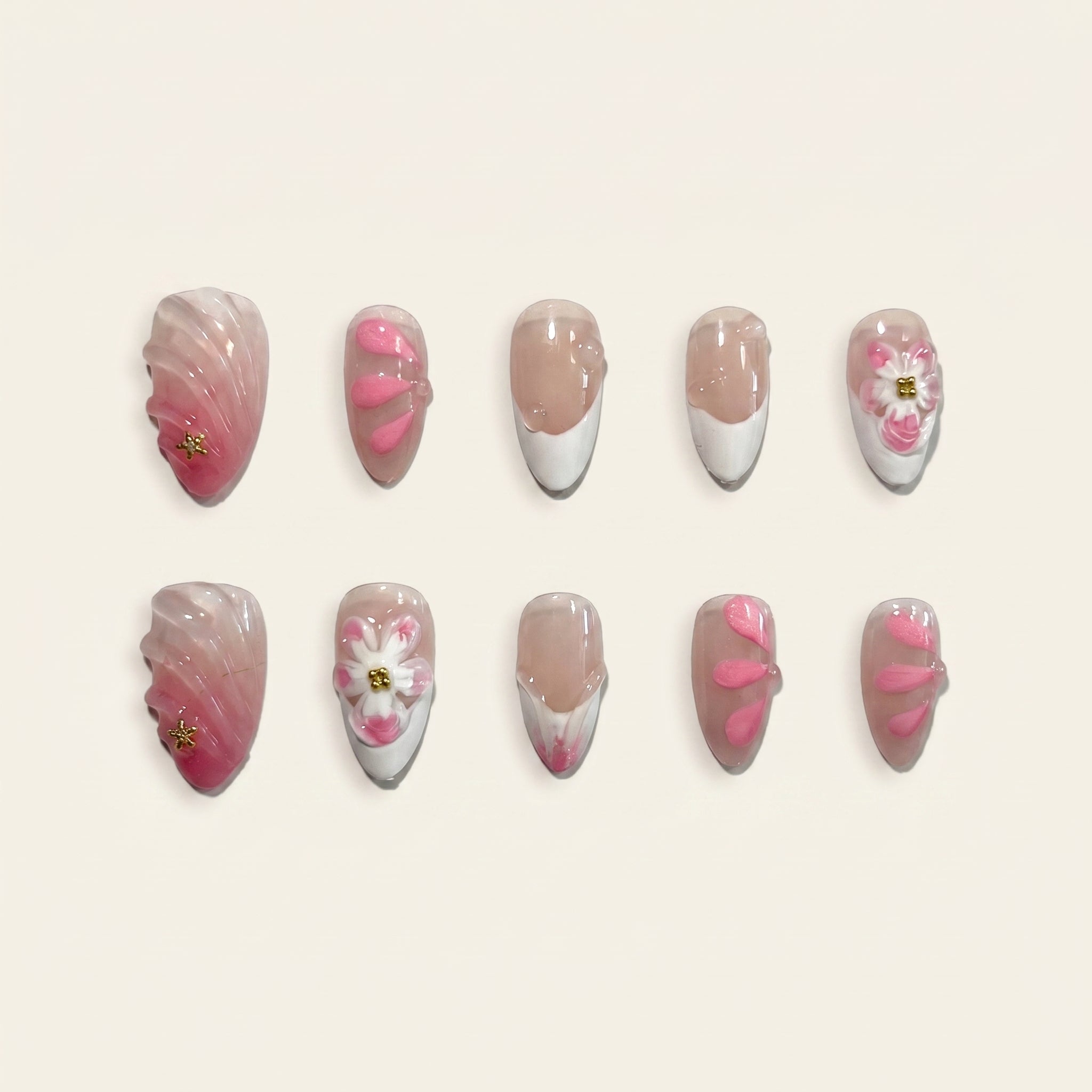3D Shell & Plumeria Press-On Nails | Pink French Gradient