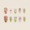 Elegant Floral Nails: Romantic Green & Pink Spring Edition
