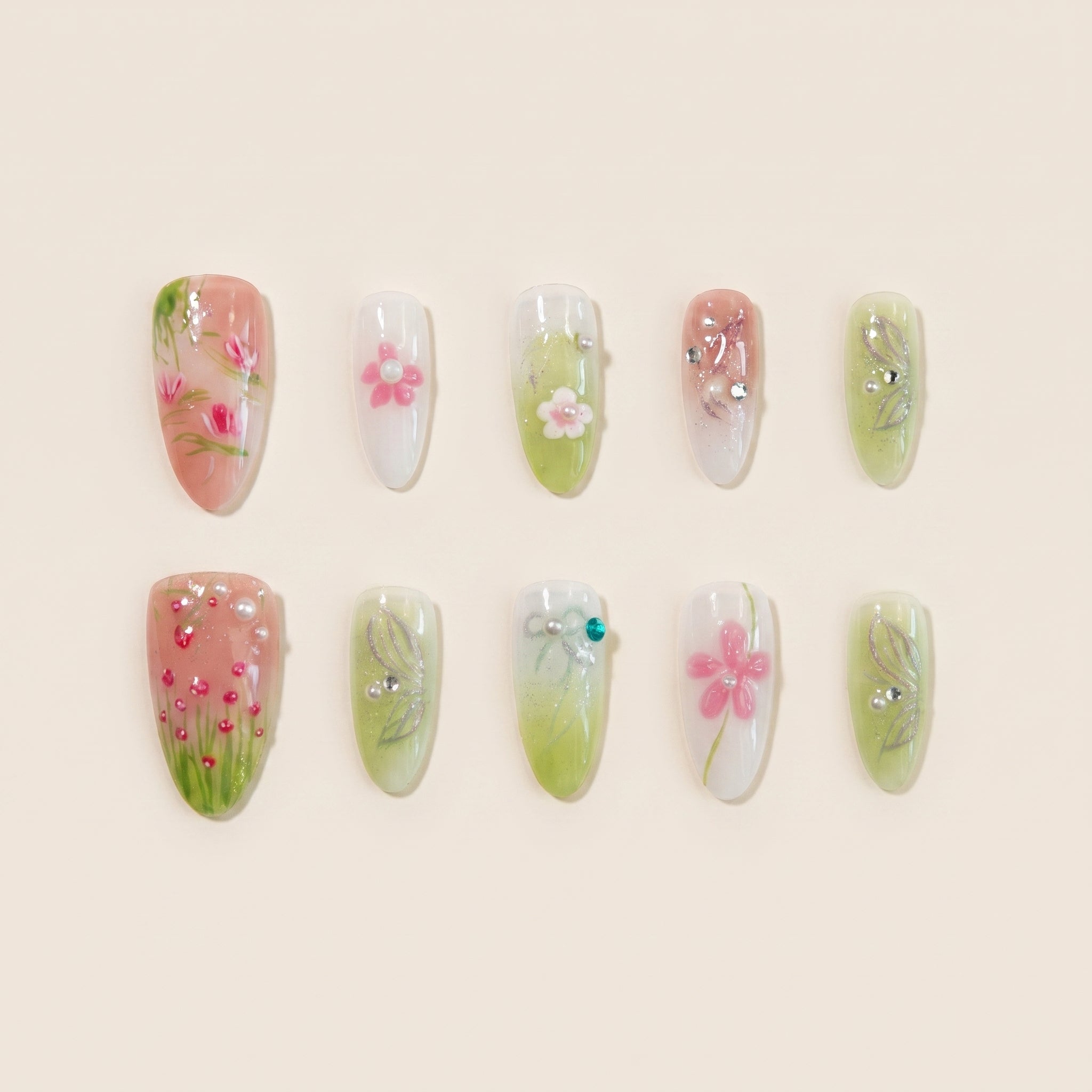 Elegant Floral Nails: Romantic Green & Pink Spring Edition