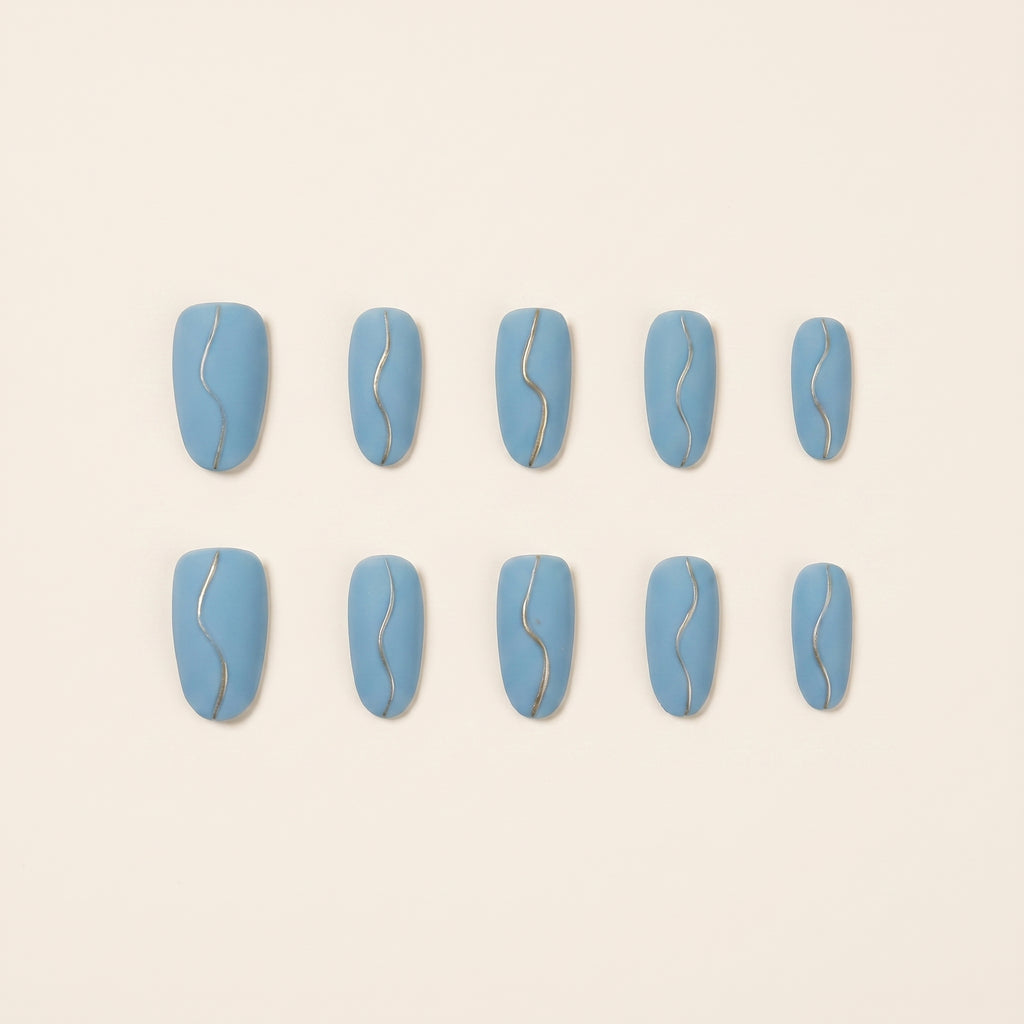 Matte Blue & Silver Line Press-On Nails | Minimalist Elegant