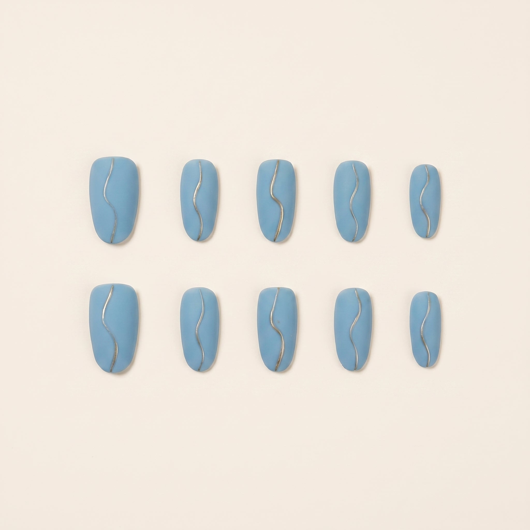 Matte Blue & Silver Line Press-On Nails | Minimalist Elegant