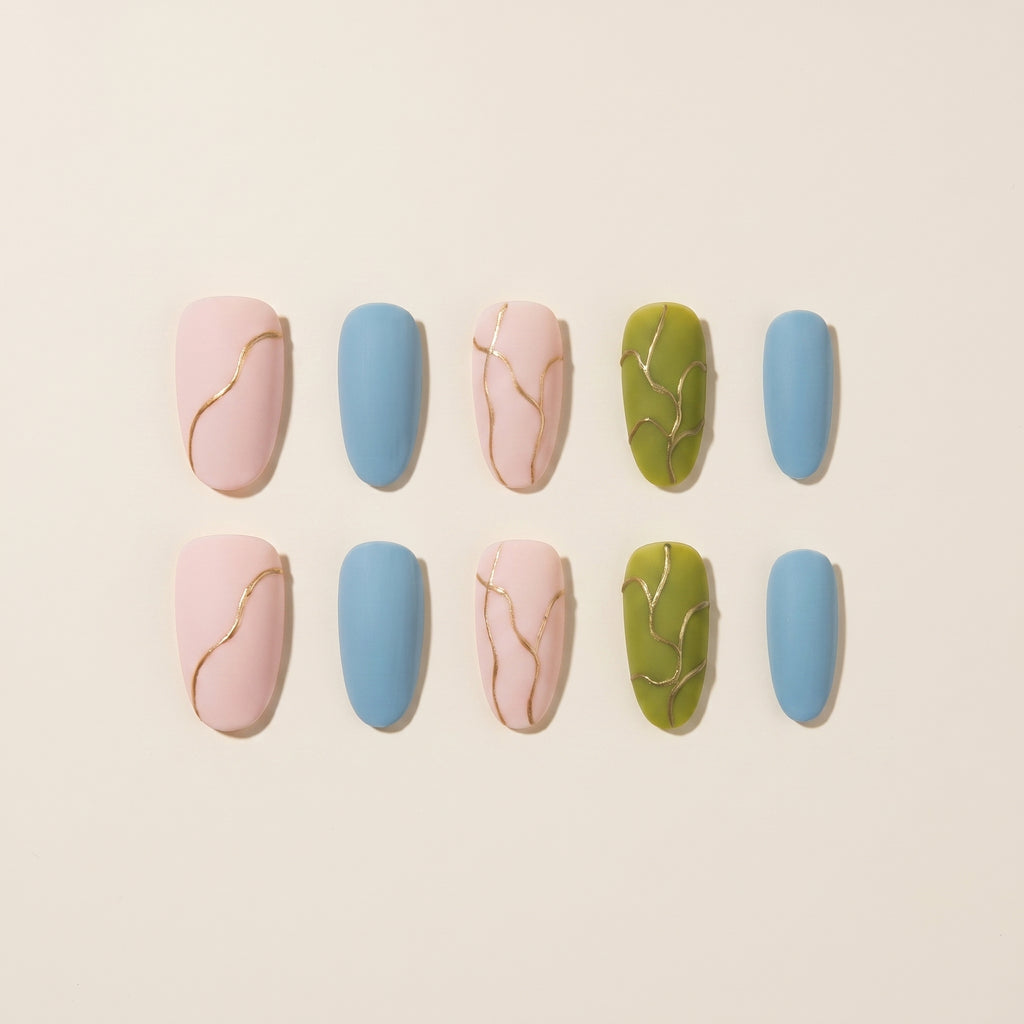 Gold Line Pastel Nails: Elegant Matte Multicolor Edition