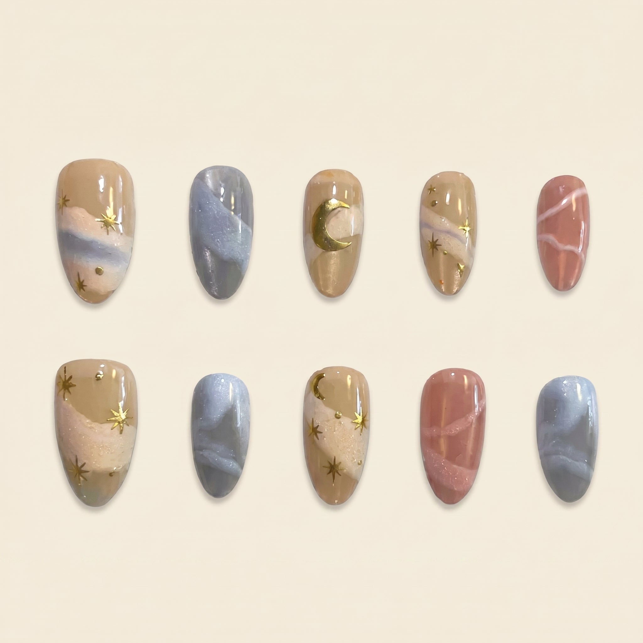 Celestial Moon & Star Press-On Nails | Nude Beige Gradient