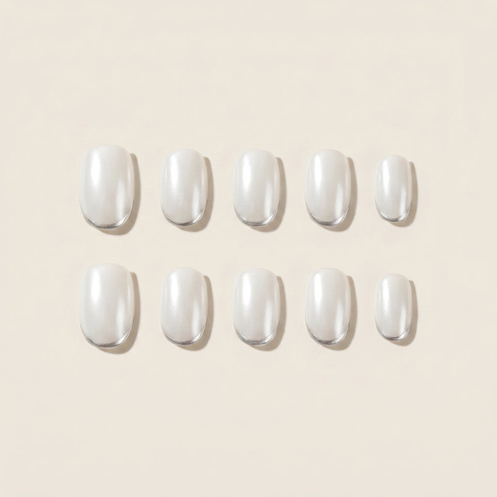 Glossy Pearl White Press-On Nails | Minimalist Cream Oval