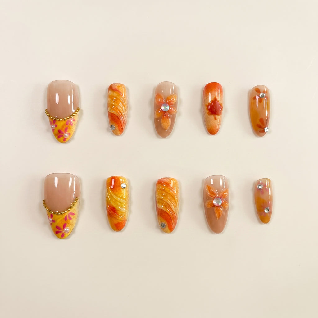 Warm Orange Fall Maple Leaf Press-On Nails | Gold Chain