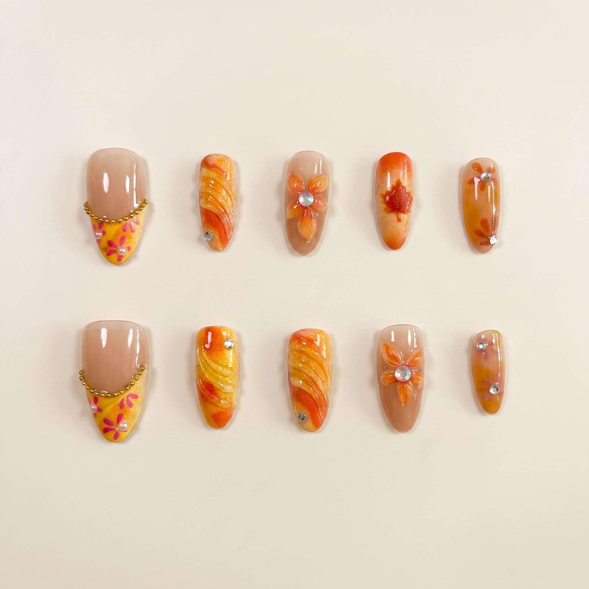 Warm Orange Fall Maple Leaf Press-On Nails | Gold Chain