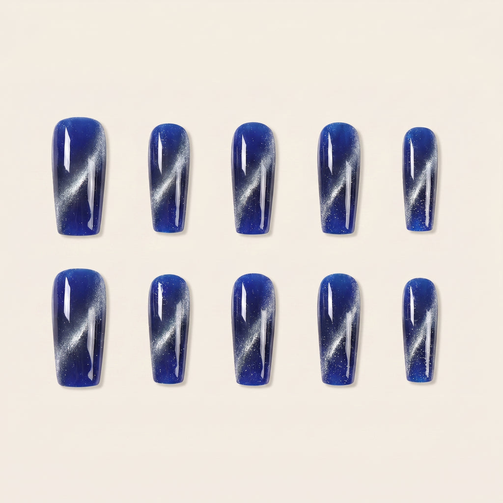 Glossy Deep Blue Cat Eye Press-On Nails | Shimmer Gradient