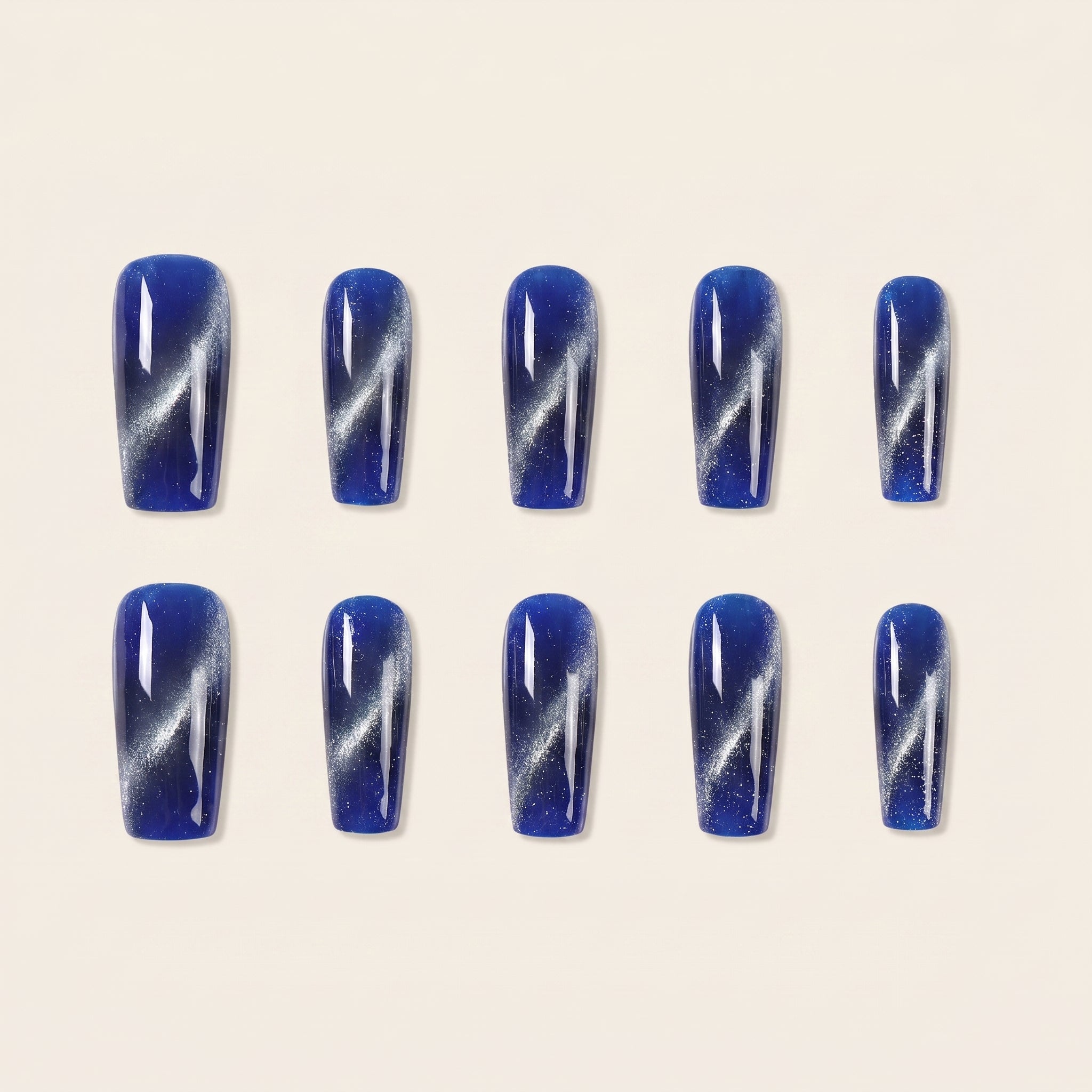 Glossy Deep Blue Cat Eye Press-On Nails | Shimmer Gradient