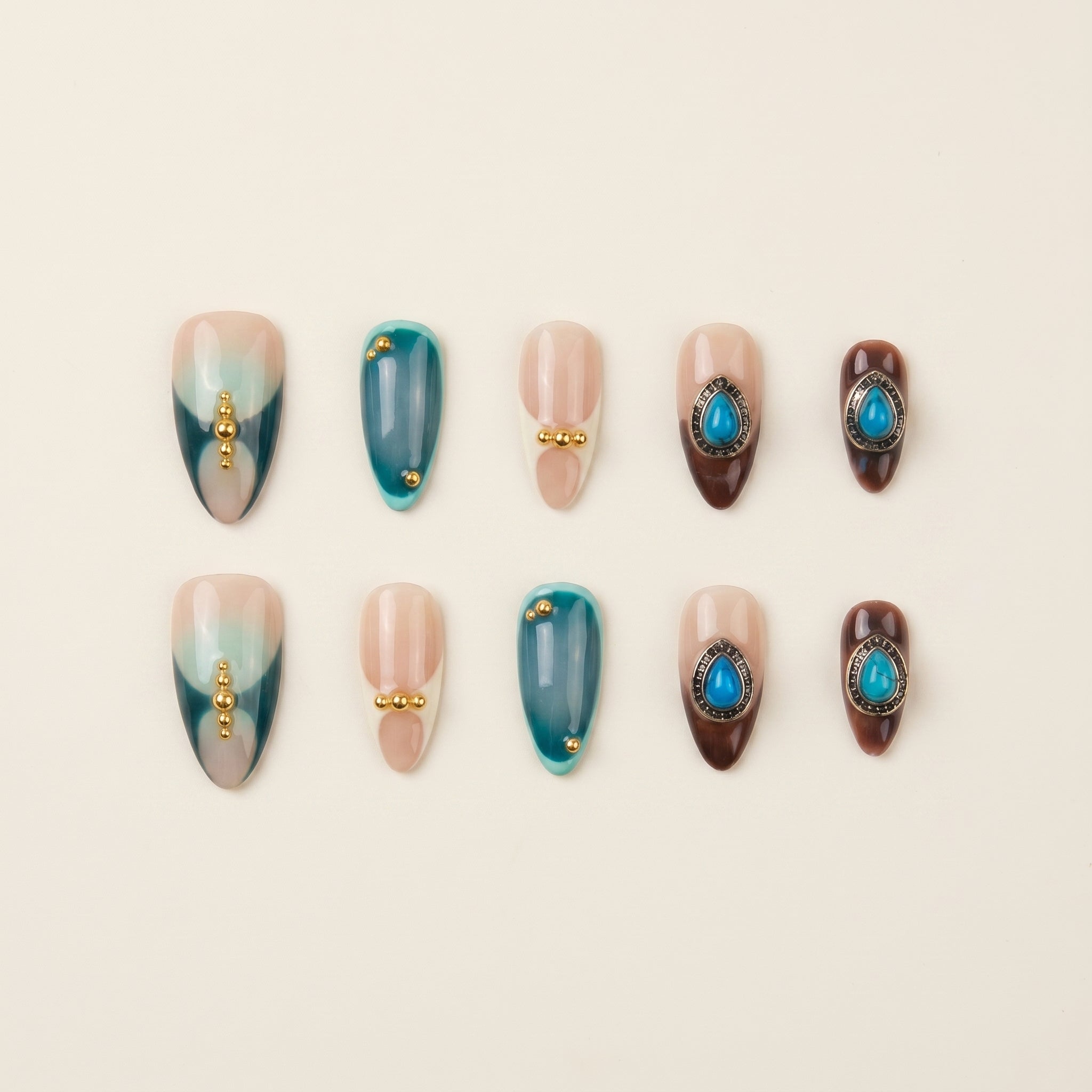 Bohemian Turquoise Gem Press-On Nails | Teal & Brown Gradient