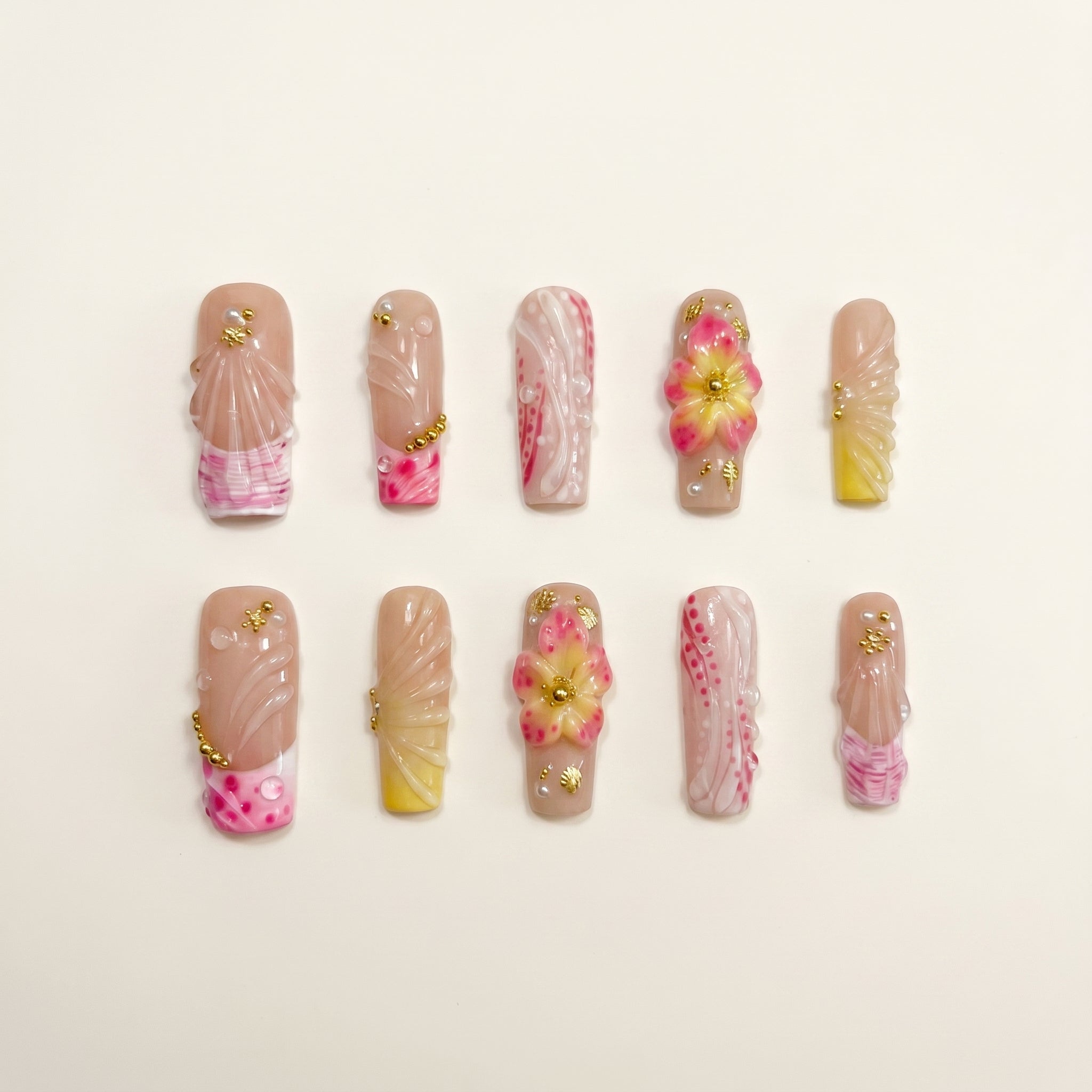 3D Pink Plumeria Press-On Nails | Kawaii Summer Lace