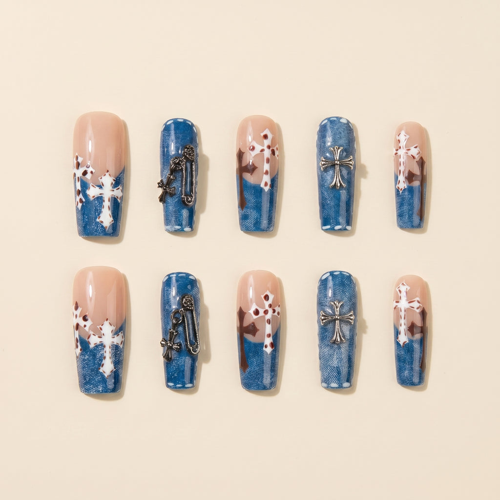 Y2K Denim Cross & French Gradient Press-On Nails