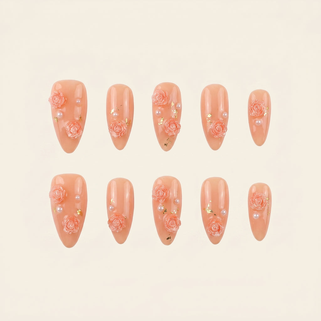 Handmade 3D Rose Press-On Nails | Caramel Brown Sculpted Floral