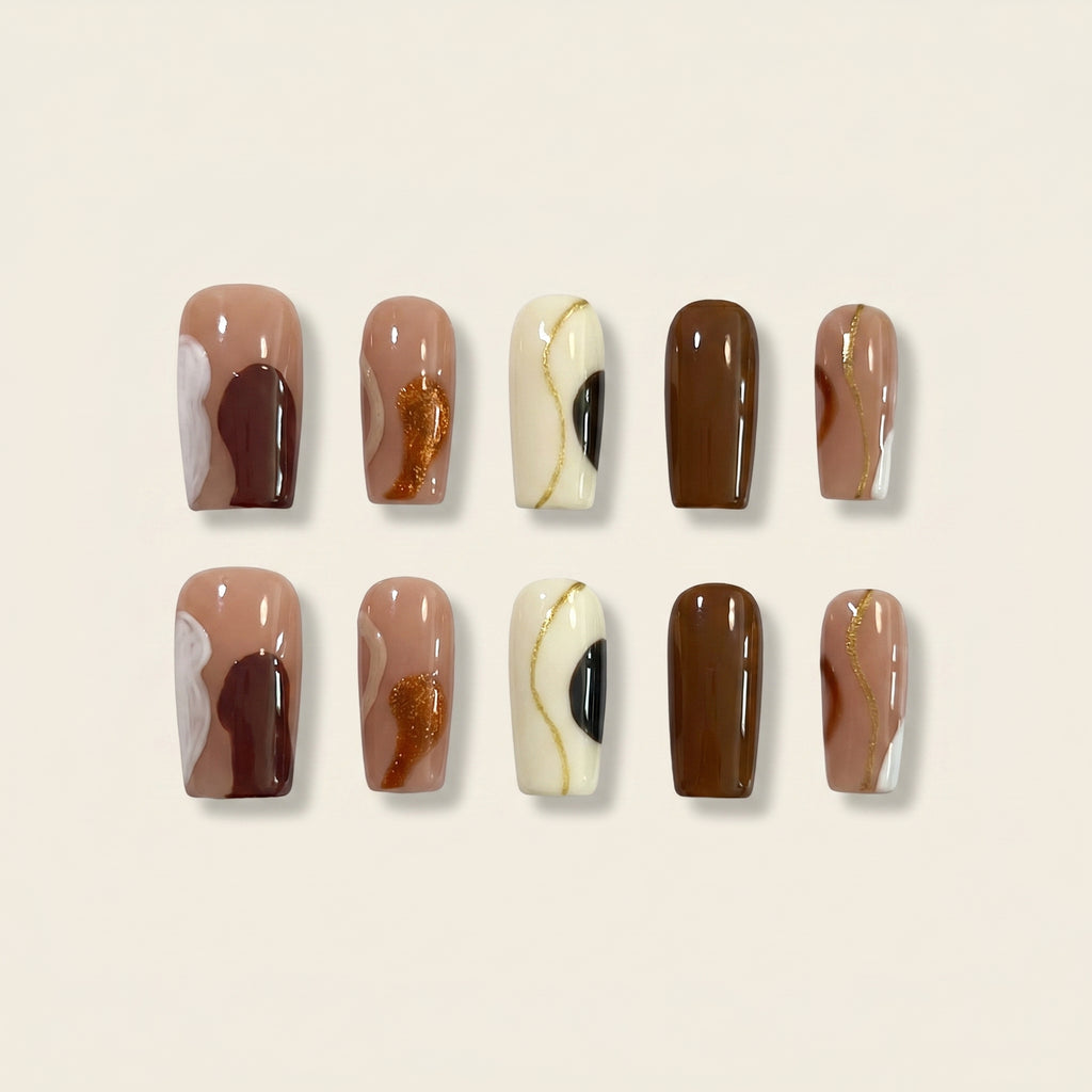 Handmade Abstract Marble Press-On Nails | Chocolate Brown & Cream Gold