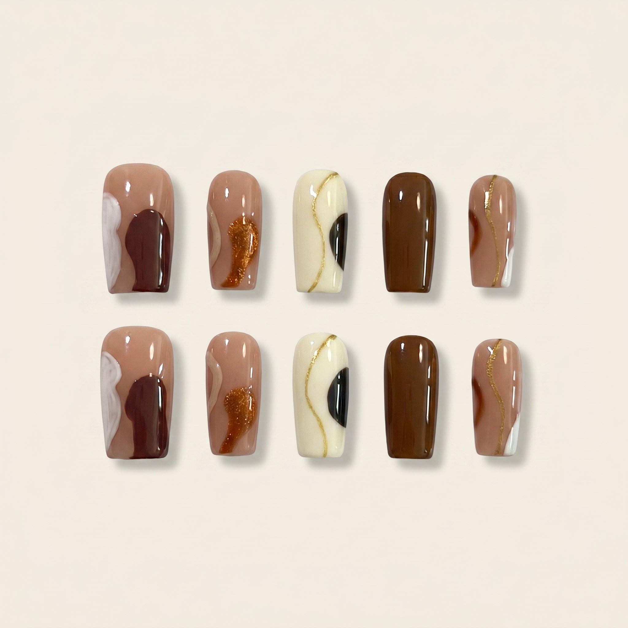 Handmade Abstract Marble Press-On Nails | Chocolate Brown & Cream Gold