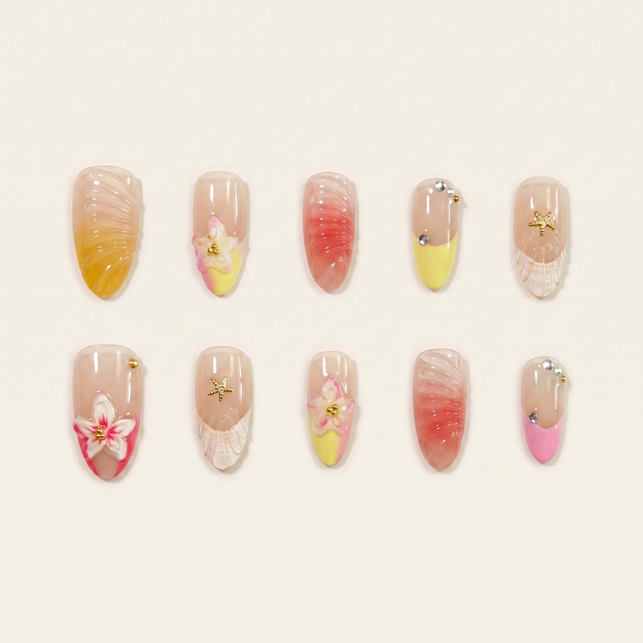 Tropical Plumeria & Shell Press-On Nails | Gold Star Beach