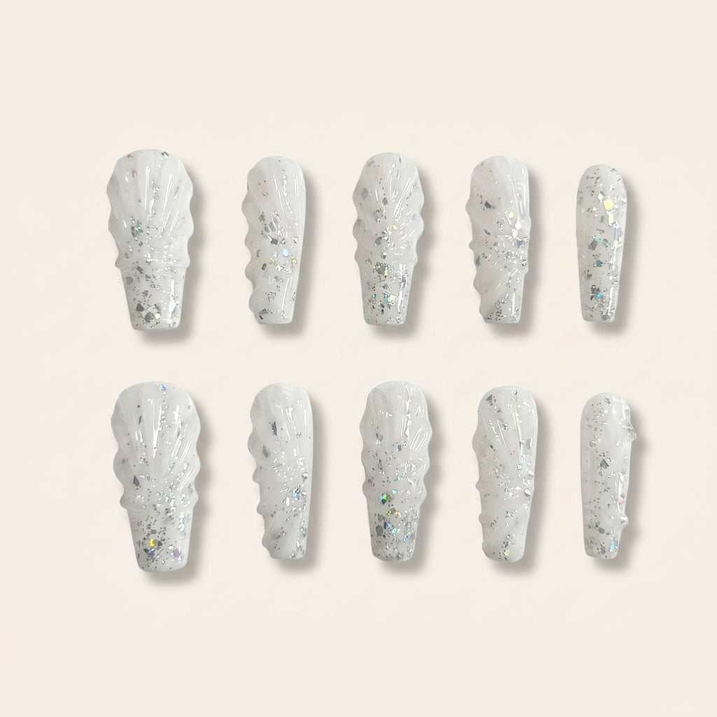 Handmade 3D Textured Press-On Nails | Misty Gray & Silver Crystal Coffin