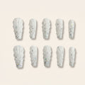 Handmade 3D Textured Press-On Nails | Misty Gray & Silver Crystal Coffin