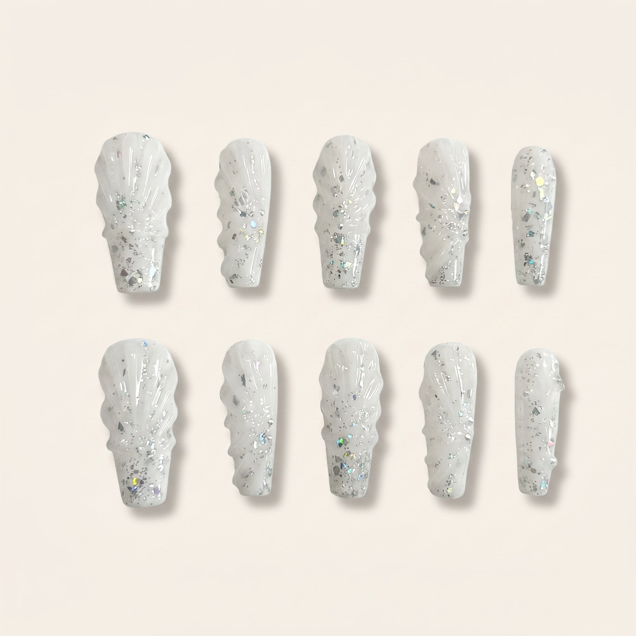 Handmade 3D Textured Press-On Nails | Misty Gray & Silver Crystal Coffin