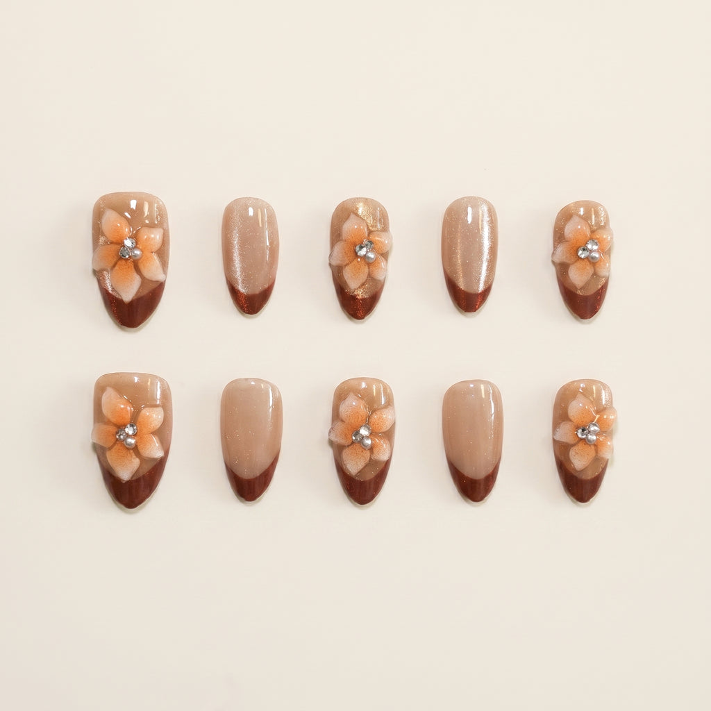 Elegant Nude Orange Floral Press-On Nails | Fall French Art