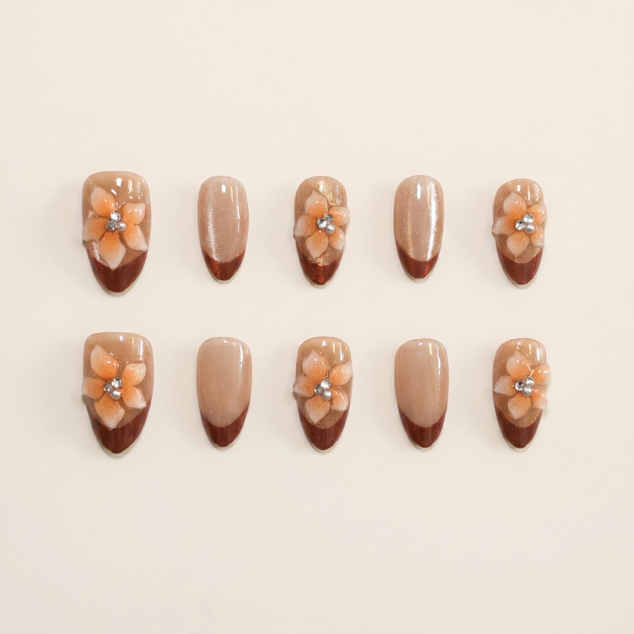 Elegant Nude Orange Floral Press-On Nails | Fall French Art