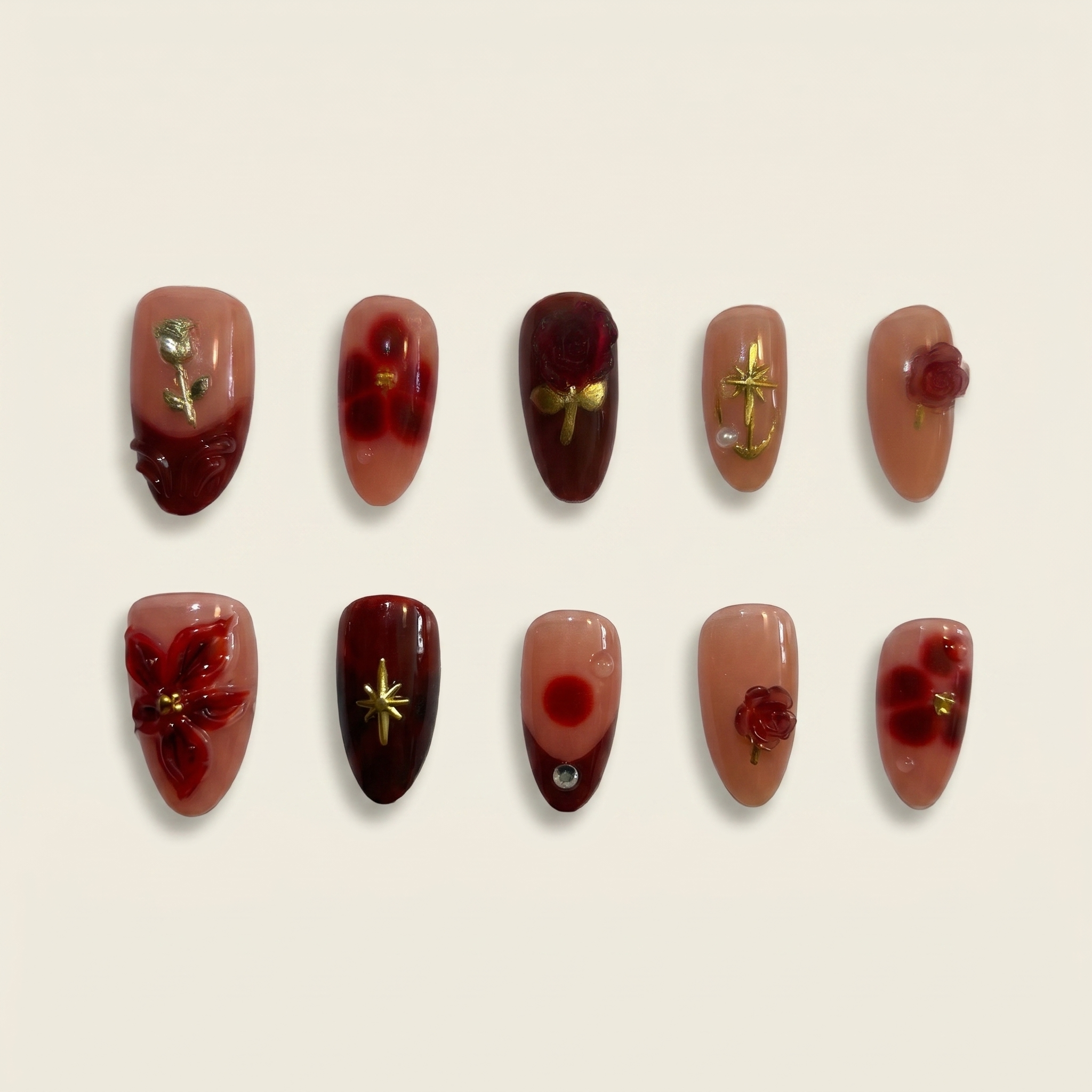 Gothic Rose Nails: Elegant Dark Red & Gold 3D Edition