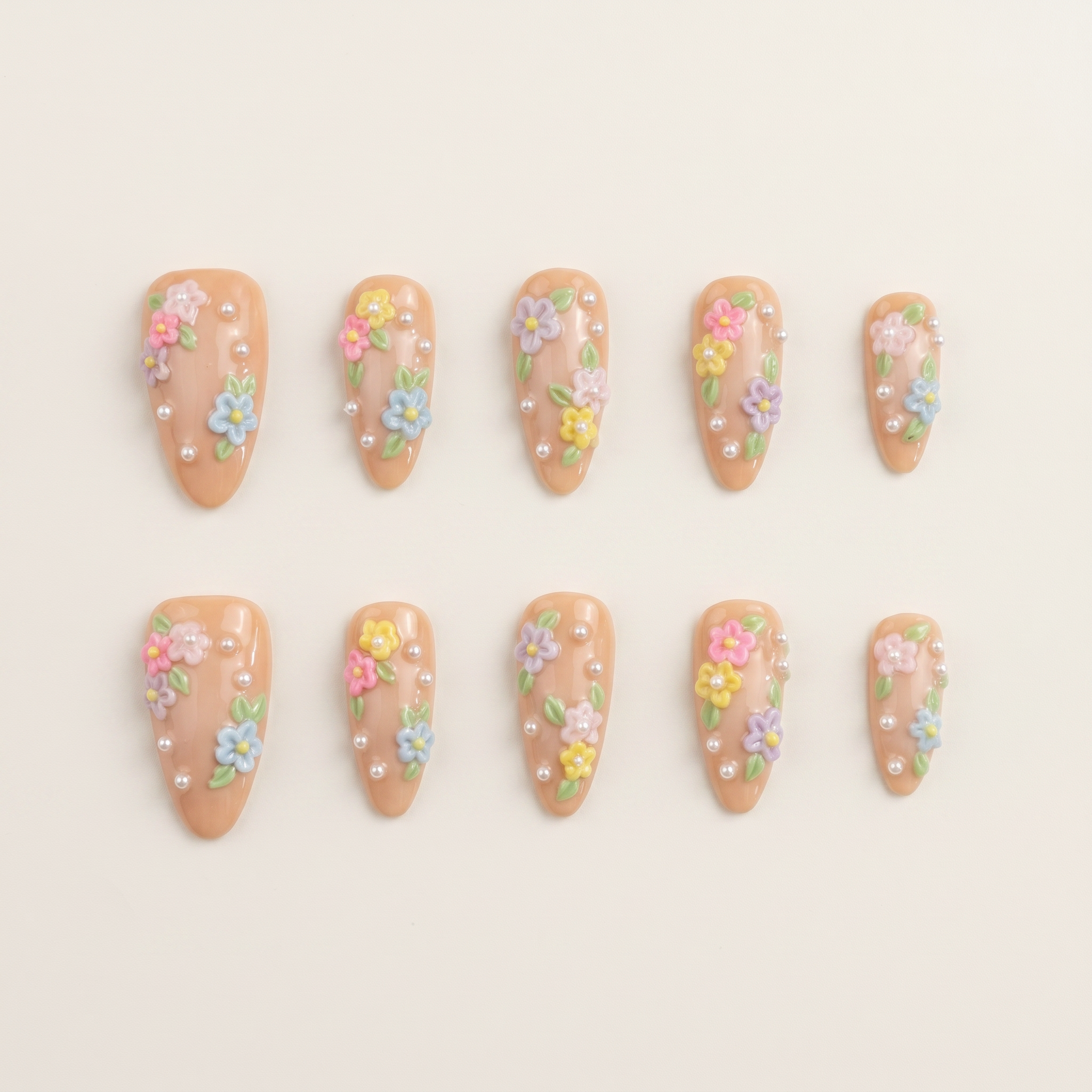 Handmade 3D Floral Press-On Nails | Warm Terracotta & Pastel Bloom