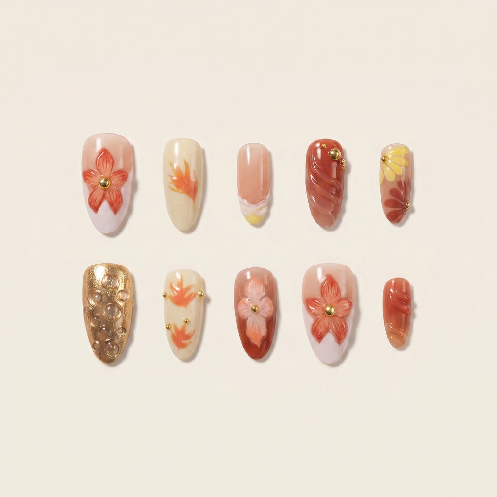 Handmade 3D Autumn Flower Press-On Nails | Red & Gold French