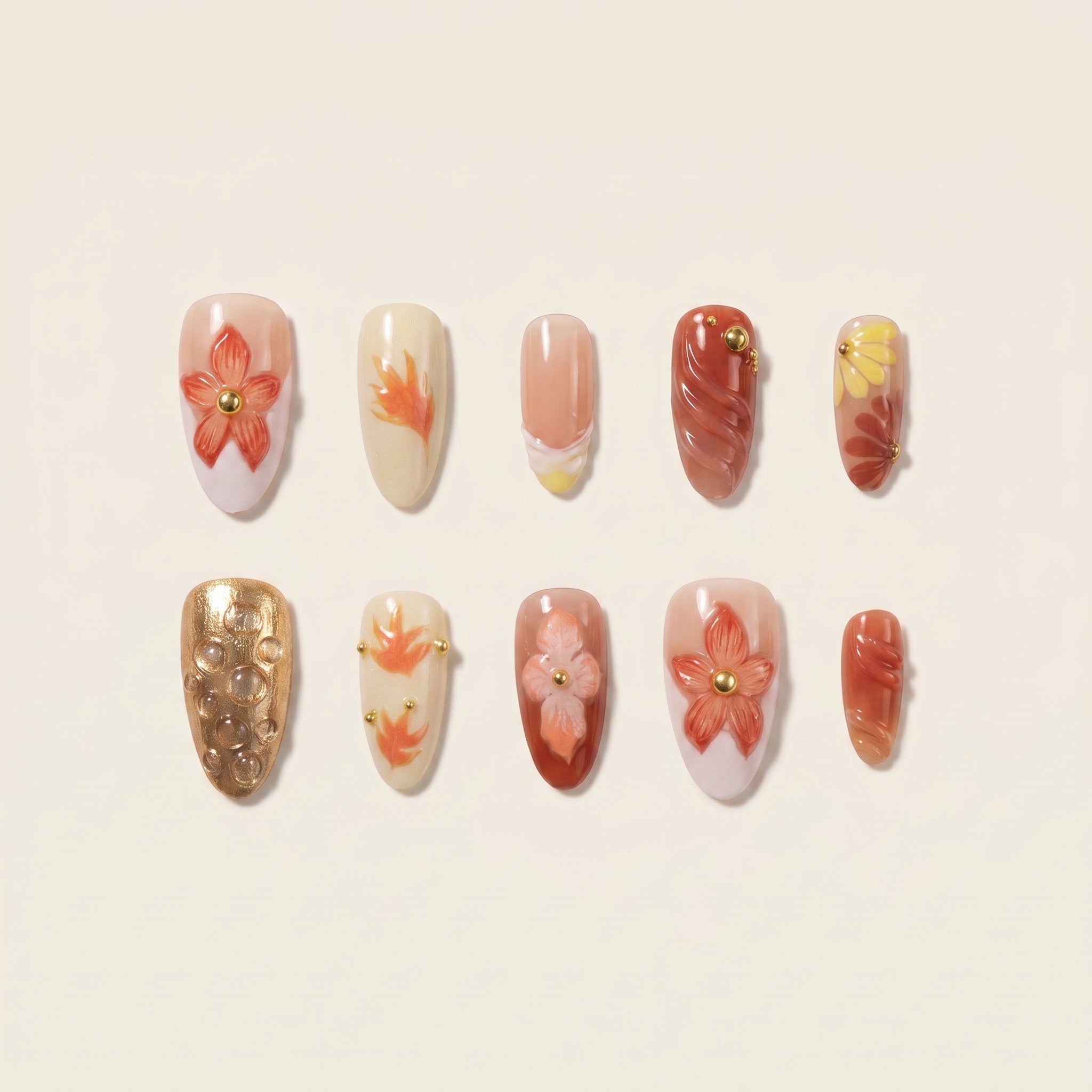 Handmade 3D Autumn Flower Press-On Nails | Red & Gold French