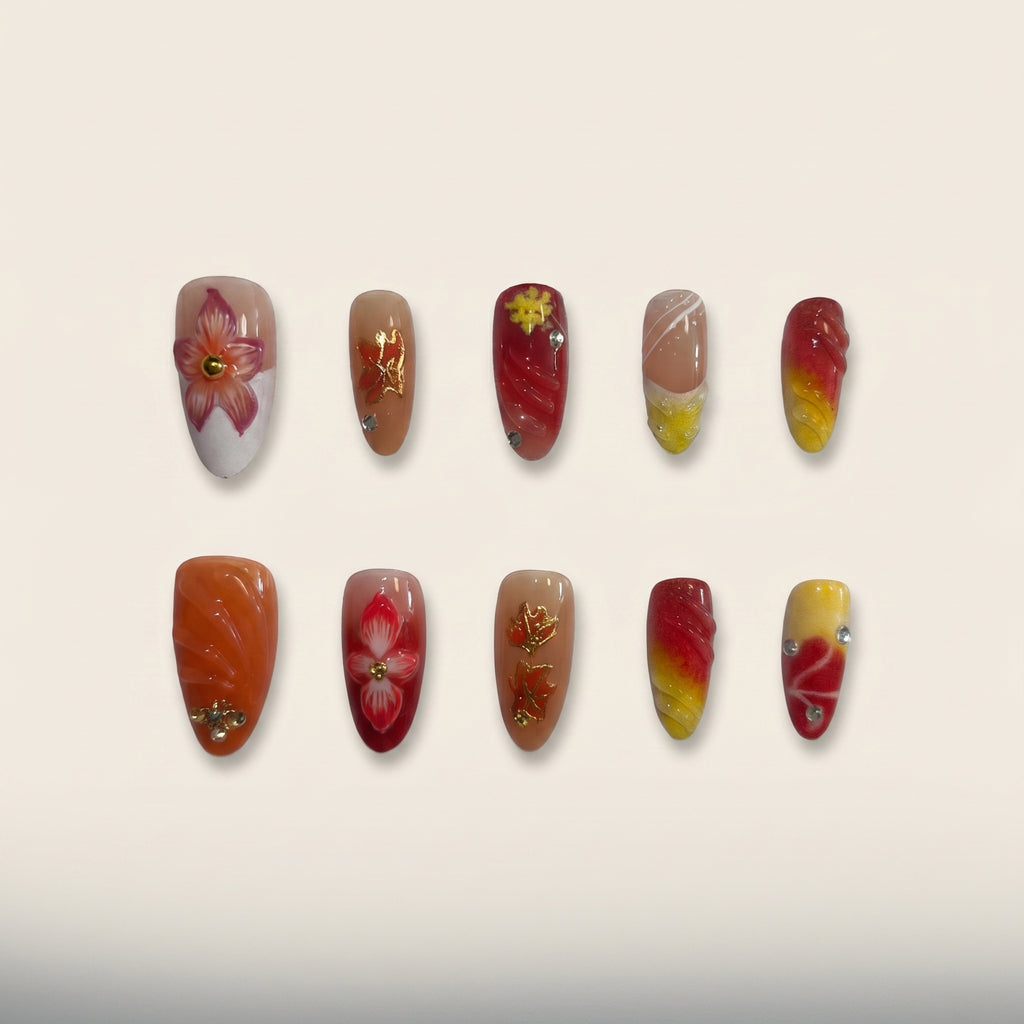 Hand-Painted Maple Leaf Press-On Nails | Fall Orange Gradient