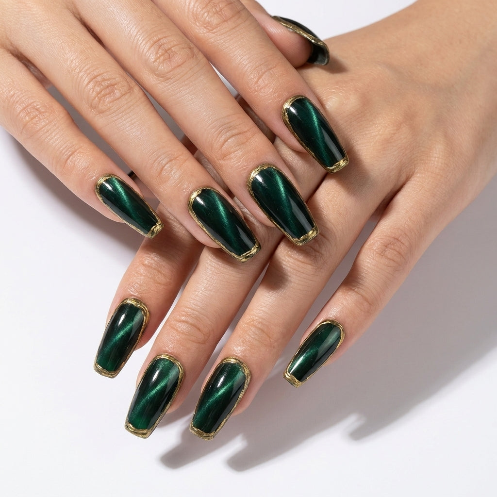 Dark Emerald Green Cat Eye Gold Border Press-On Nails, Glossy Long Coffin Reusable Fake Nails, Luxury Vintage Elegant Press On Nails For Women